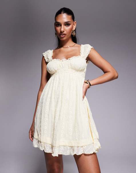 Princess Polly Carlita eyelet ruffle trim mini babydoll dress in yellow - view 1