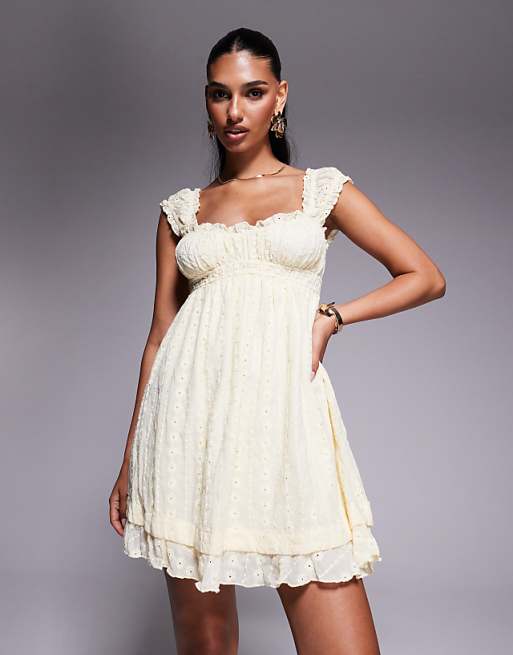 carlita mini dress yellow Babydoll Maxi Dress Pastel Babydoll Dress Mini Dress Yellow Tall Princess Polly on styling with elastic waist and back tie closure Lined 100% Polyester Carlita Mini Dress Yellow