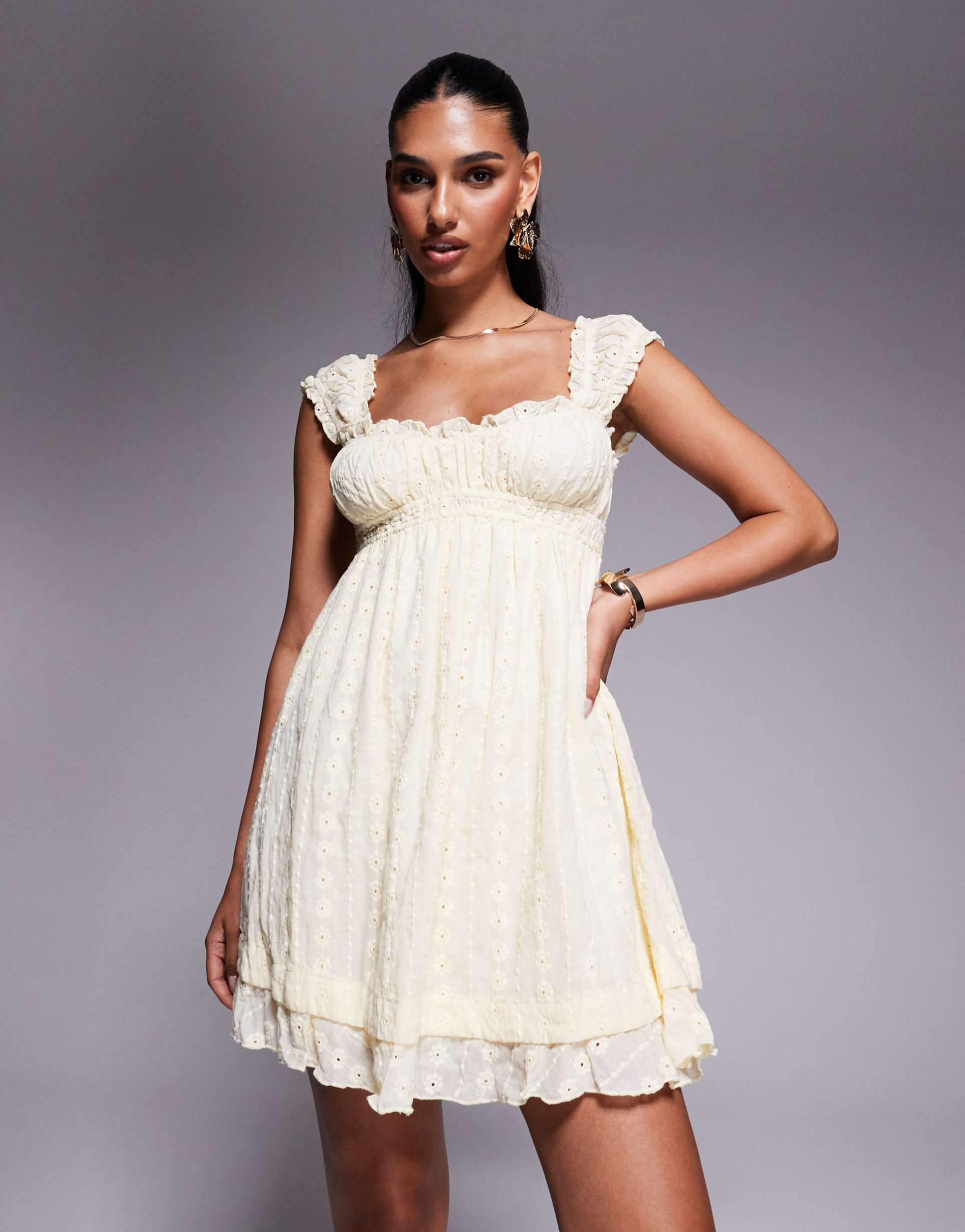 princess polly carlita eyelet ruffle trim mini babydoll dress in yellow