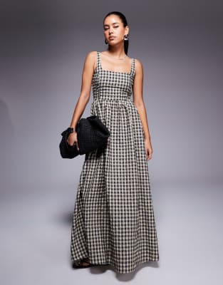 Princess Polly Cartmel cotton seersucker square neck maxi dress in black and cream gingham - view 1