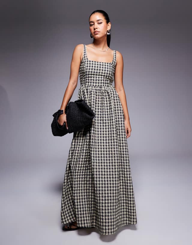 Princess Polly Cartmel cotton seersucker square neck maxi dress in black and cream gingham
