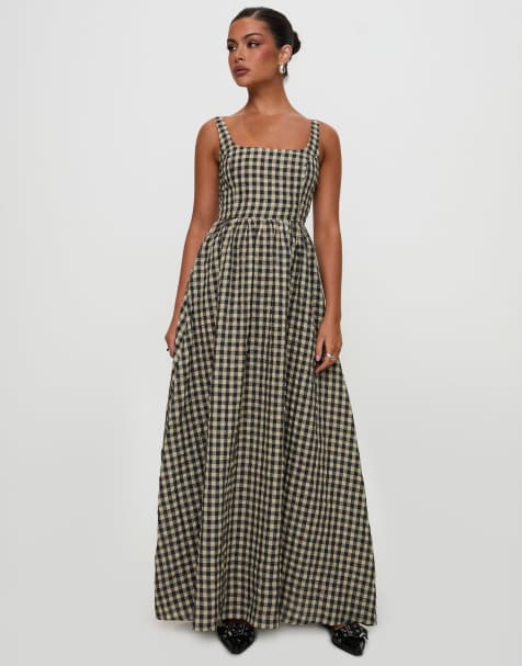 Princess Polly - Cartmel - Geruite maxi jurk van seersucker met vierkante hals in zwart en beige - view 1