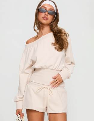 Princess Polly Cassey asymmetric off shoulder ribbed fitted waist sweatshirt co-ord in cream