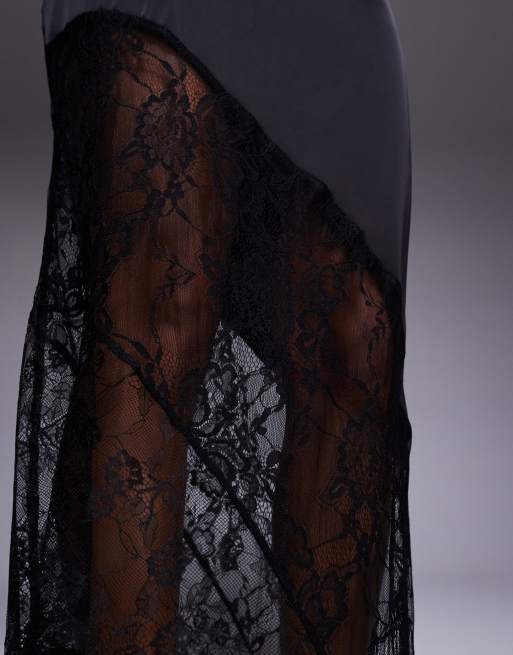 Princess Polly Castelli satin lace sheer hem maxi skirt in black