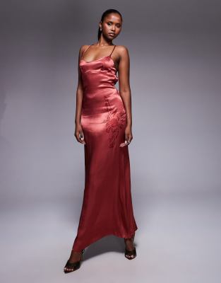 Princess Polly Catch You Up Satin Cami Beaded Flower Detail Maxi Dress In Red