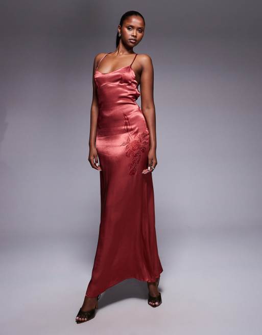 Princess Polly Catch You Up satin cami beaded flower detail maxi dress in  red