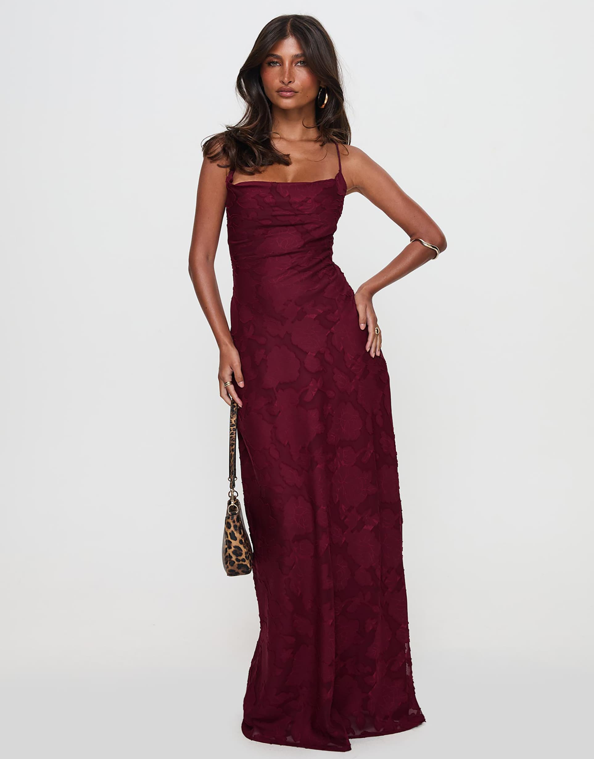 princess polly celena floral devore square cowl neck open strappy back maxi dress in burgundy