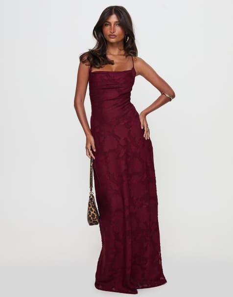 Princess Polly Celena floral devore square cowl neck open strappy back maxi dress in burgundy