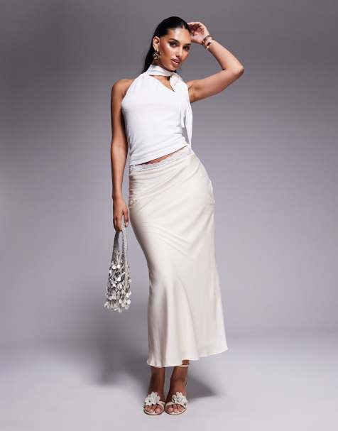 Princess Polly Charmaine satin lace trim waist maxi skirt in cream