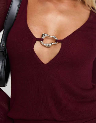 Princess Polly Charming Ribbed Knit Metal Hardware Plunge Mini Dress In Red