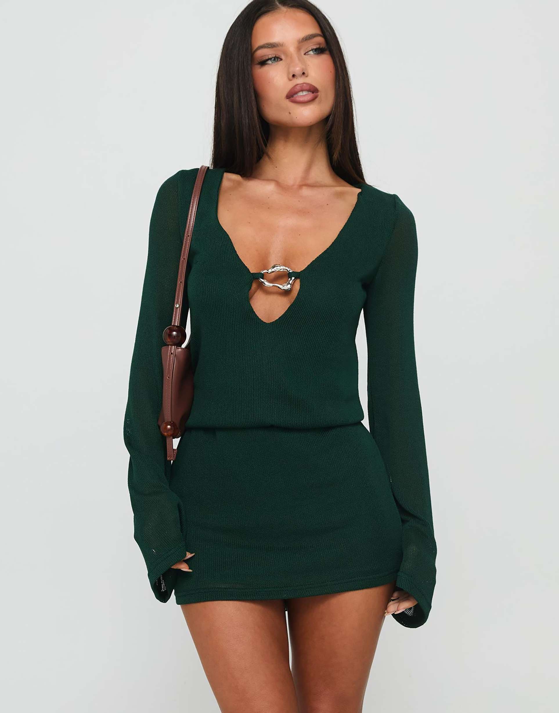 princess polly charming ribbed knit metal hardware plunge mini dress in dark green