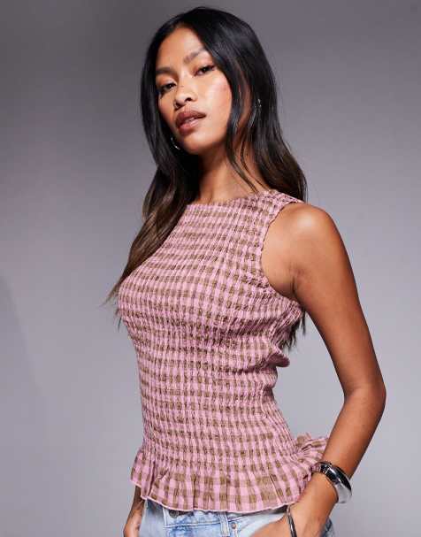 Princess Polly Chauntelle shirred ruffle hem sleeveless top in pink gingham - view 1