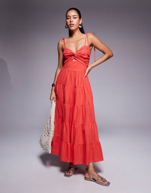 Princess Polly Chavez cami tie sleeve twist front tiered maxi dress in red