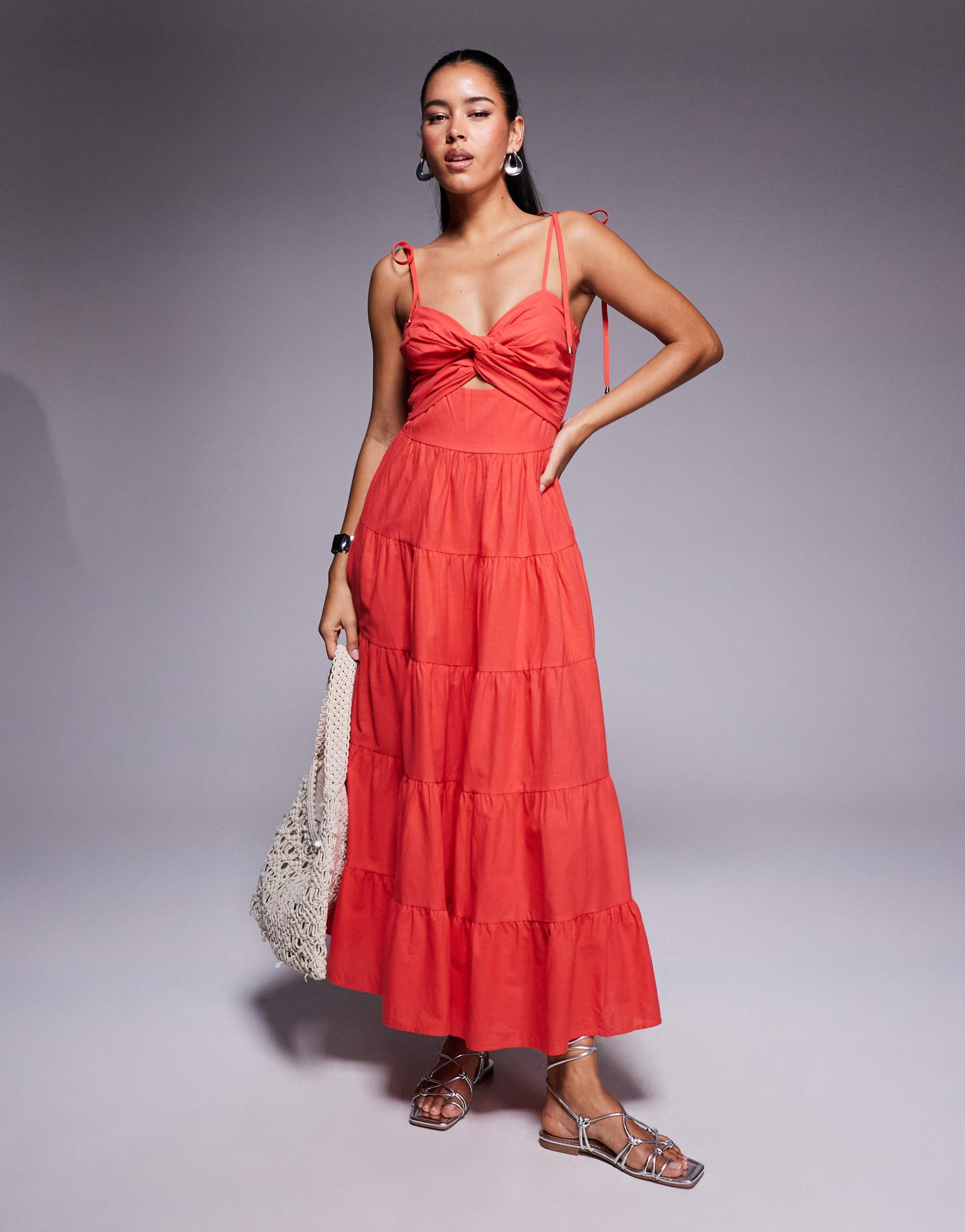 princess polly chavez cotton cami tie sleeve twist front tiered maxi dress in red