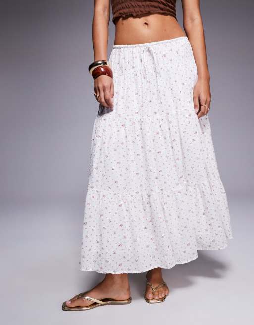 Princess Polly Cherry On Top elastic waist tiered maxi skirt in white delicate floral