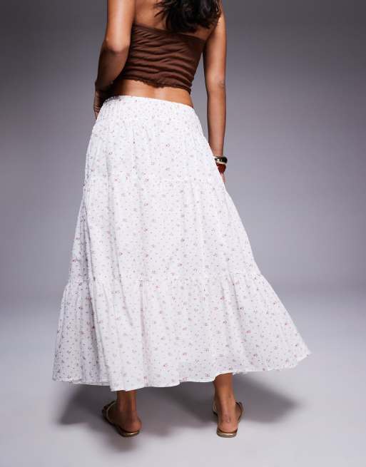 Princess Polly Cherry On Top elastic waist tiered maxi skirt in white delicate floral