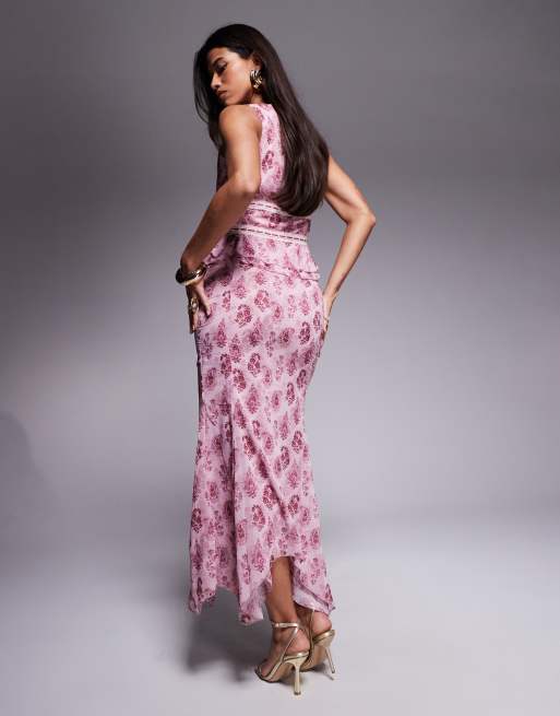 Princess Polly chiffon asymmetric hem maxi skirt in pink paisley floral - part of a set