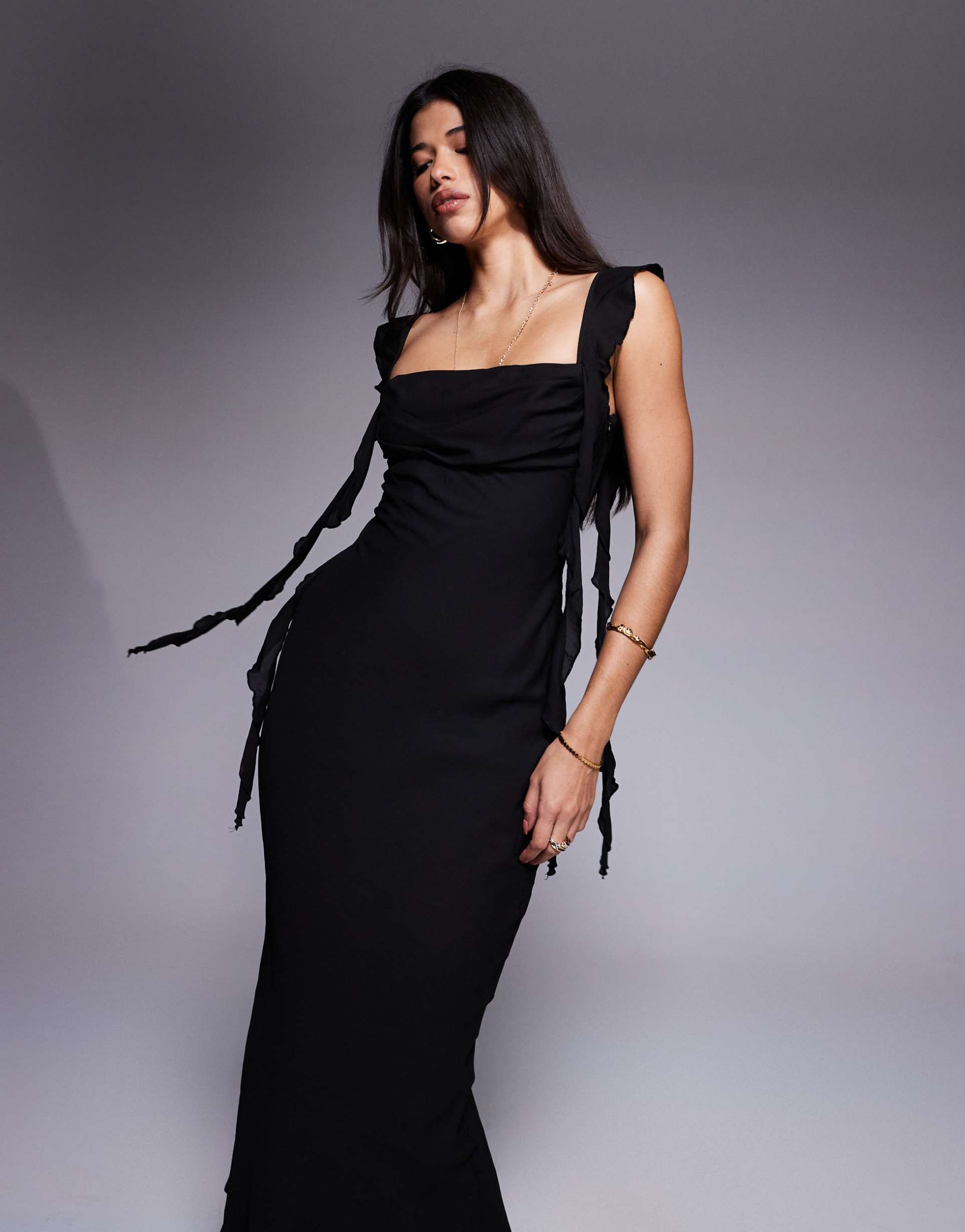 princess polly chiffon drape detail maxi dress in black