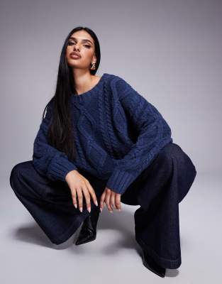 Princess Polly Chunky Cable Knit Crew Neck Sweater In Navy