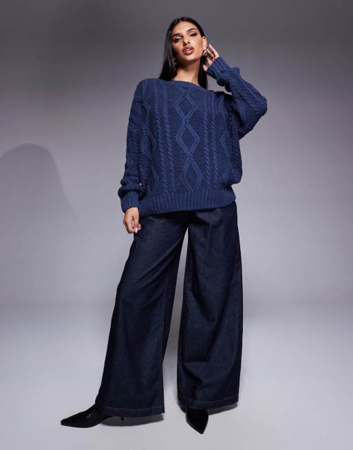 Princess Polly chunky cable knit crew neck sweater in navy