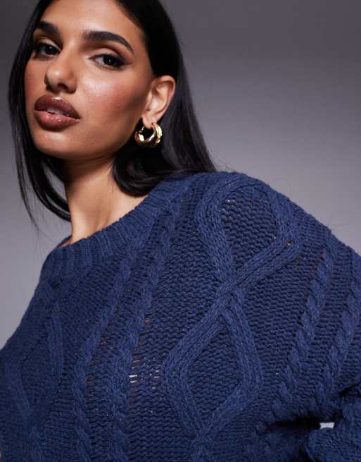 Princess Polly chunky cable knit crew neck sweater in navy