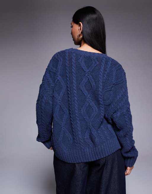 Princess Polly chunky cable knit crew neck sweater in navy