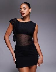 Princess Polly Cicero asymmetric ruffle shoulder polka dot mesh top in black