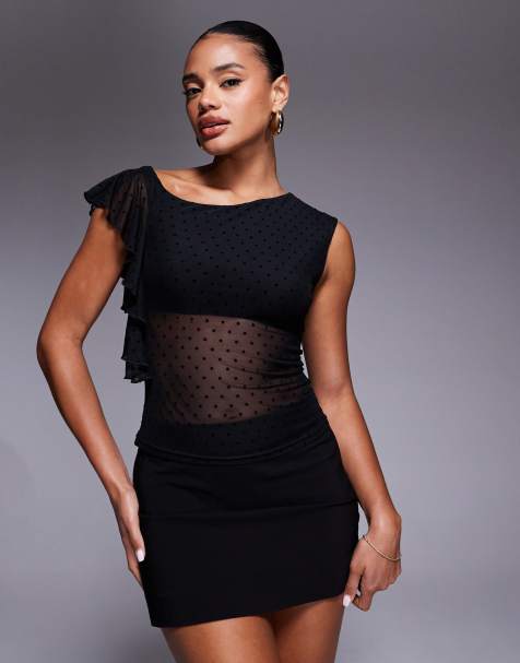 Princess Polly Cicero asymmetric ruffle shoulder polka dot mesh top in black