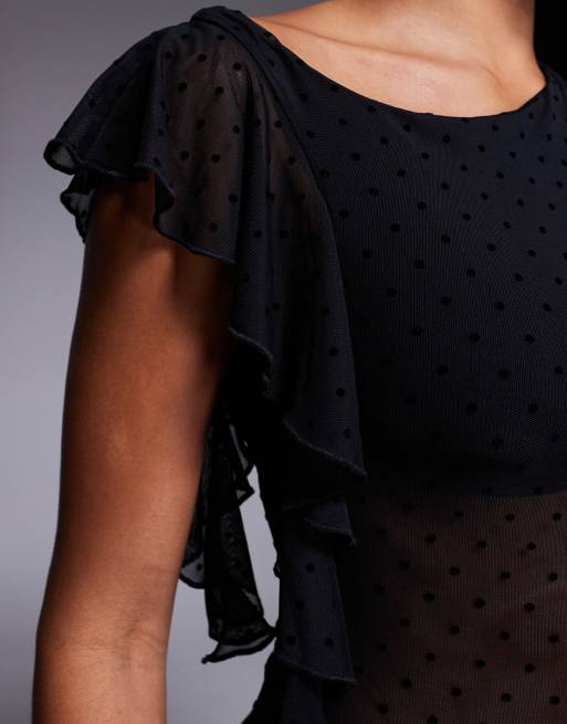 Princess Polly Cicero asymmetric ruffle shoulder polka dot mesh top in black, 4 of 4