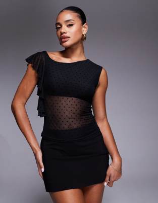 Princess Polly - Cicero - Asymmetrisches Mesh-Oberteil in Schwarz mit Polka-Dots und Rüschenschulter