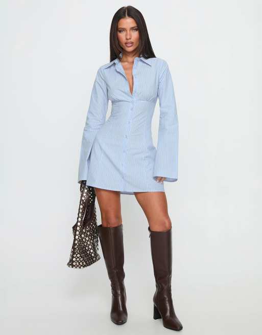 Princess Polly cinch waist button up wide sleeve mini dress in blue  pinstripe | ASOS