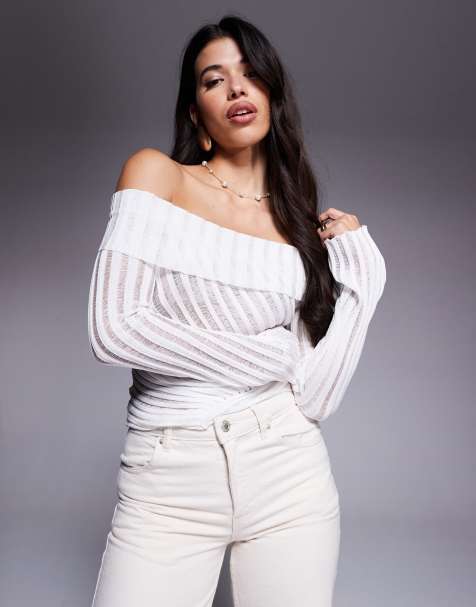 Princess Polly Cloud sheer laddered panel knitted foldover bardot jumper in white