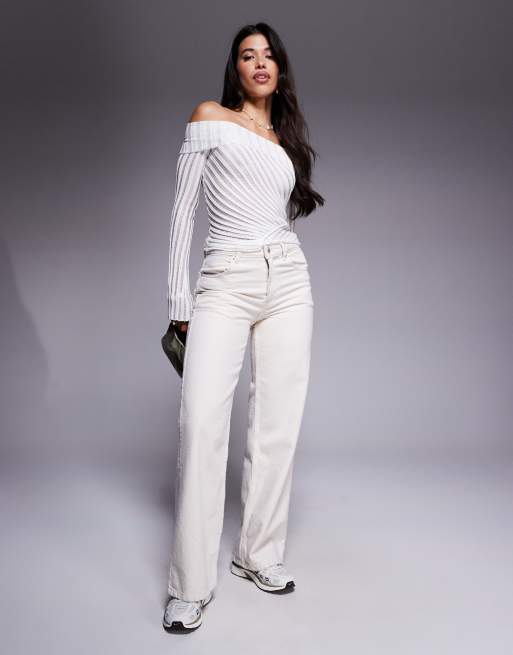 Princess Polly - Cloud - Maglione bianco con pannelli smagliati trasparenti e scollo alla Bardot risvoltato, 2 di 4