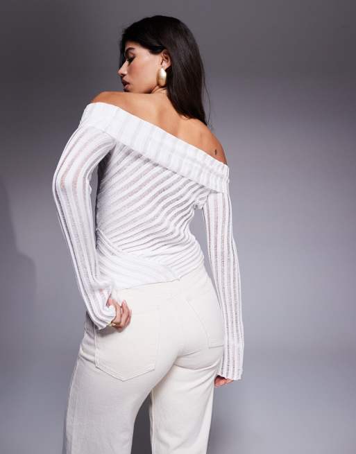 Princess Polly - Cloud - Maglione bianco con pannelli smagliati trasparenti e scollo alla Bardot risvoltato, 3 di 4