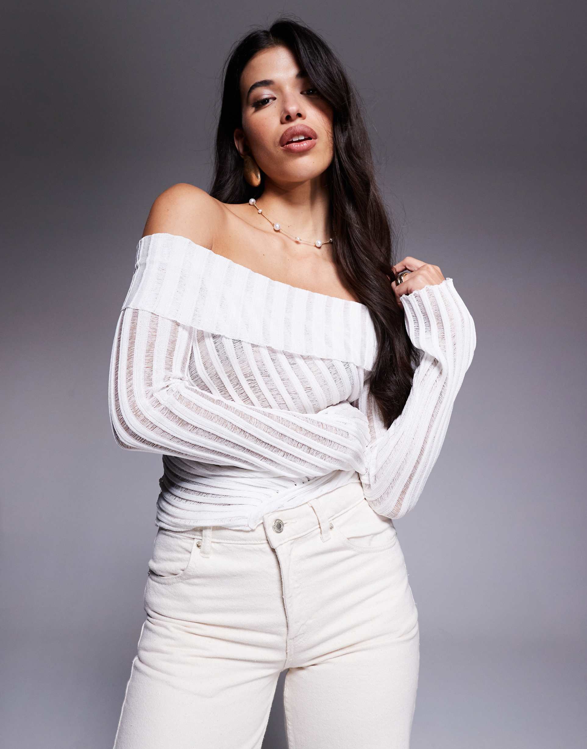 princess polly cloud sheer laddered panel knit foldover off the shoulder sweater in white