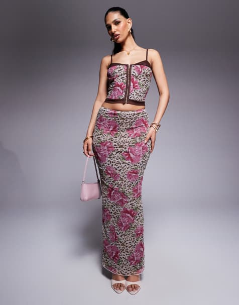 Princess Polly - Co-ord set van mesh van korsettop en maxi rok met dieren- en bloemenprint - view 1