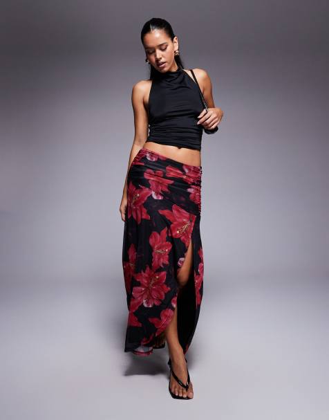 Princess Polly Coleson mesh thigh split ruched side maxi skirt in black and red floral
