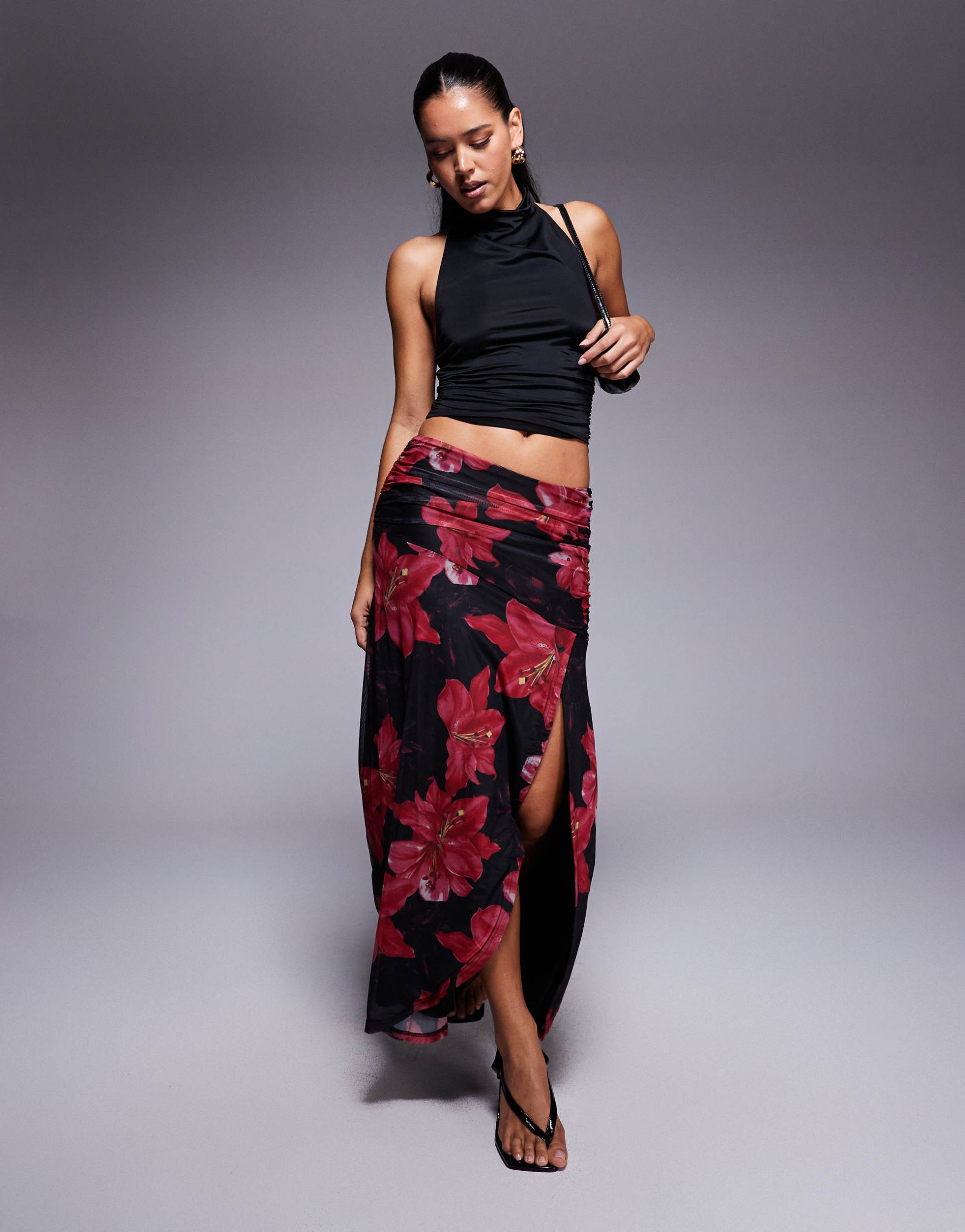 princess polly coleson mesh thigh slit ruched side maxi skirt in black and red floral