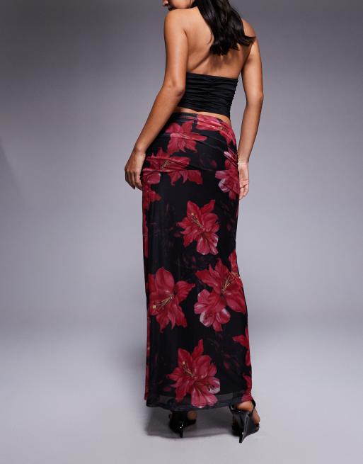 Princess Polly Coleson mesh thigh split ruched side maxi skirt in black and red floral, 2 of 5