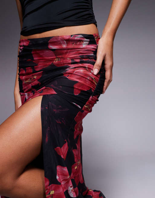 Princess Polly Coleson mesh thigh split ruched side maxi skirt in black and red floral, 3 of 5
