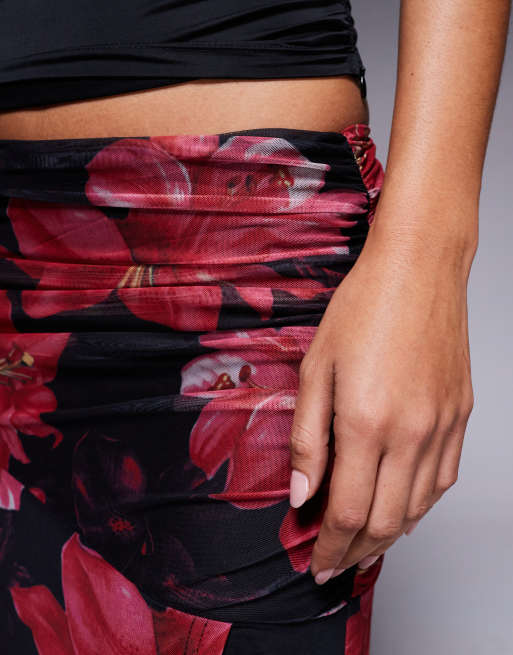 Princess Polly Coleson mesh thigh split ruched side maxi skirt in black and red floral, 4 of 5