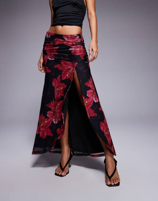 Princess Polly Coleson mesh thigh split ruched side maxi skirt in black and red floral, 5 of 5