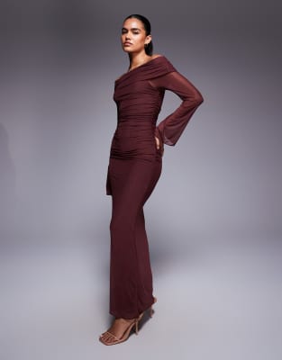 Princess Polly - Consideration - Maxikleid aus Netzstoff in Schokobraun mit Carmen-Ausschnitt, ausgestellten Ärmeln und ...