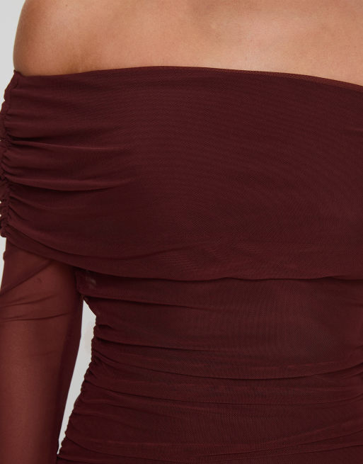 Princess Polly Consideration mesh bardot flare sleeve lettuce edge maxi dress in chocolate, 2 of 4