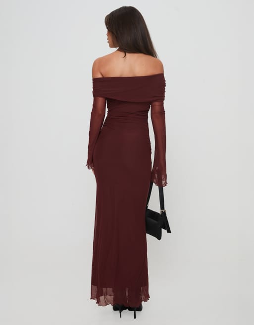 Princess Polly Consideration mesh bardot flare sleeve lettuce edge maxi dress in chocolate, 3 of 4