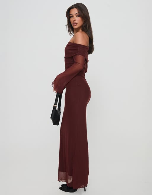 Princess Polly Consideration mesh bardot flare sleeve lettuce edge maxi dress in chocolate, 4 of 4