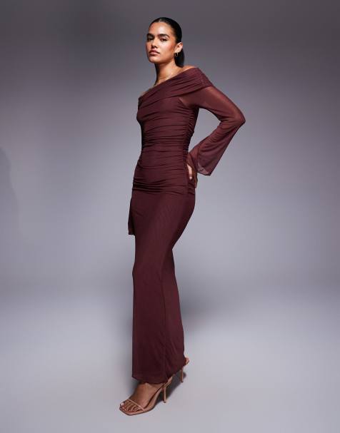 Princess Polly Consideration mesh off the shoulder flare sleeve lettuce edge maxi dress in chocolate - view 1
