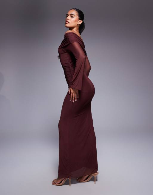 Princess Polly Consideration mesh off the shoulder flare sleeve lettuce edge maxi dress in chocolate