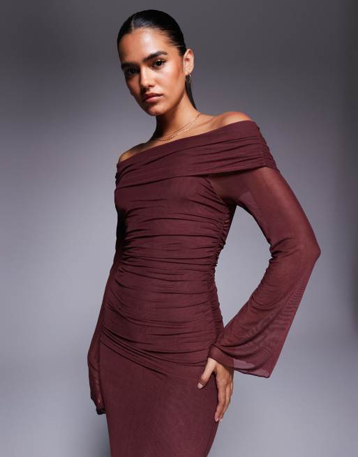 Princess Polly Consideration mesh off the shoulder flare sleeve lettuce edge maxi dress in chocolate