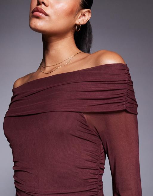 Princess Polly Consideration mesh off the shoulder flare sleeve lettuce edge maxi dress in chocolate